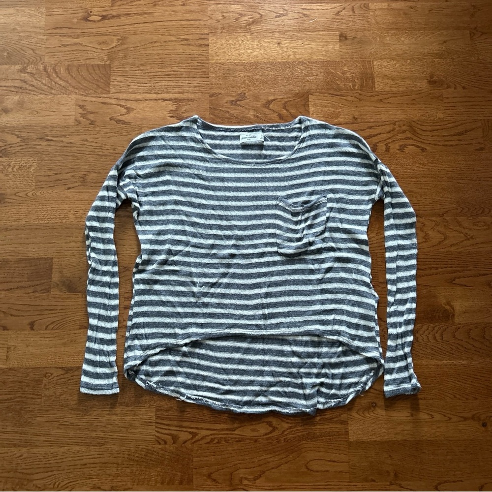 Abercrombie Kids Sweater Knit Top Snit Pullover Soft Pocket Gray White Stripe